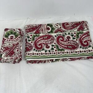 Set- April Cornell Paisley Table Runner & 12 Cloth Napkins Tan Red Green Holiday
